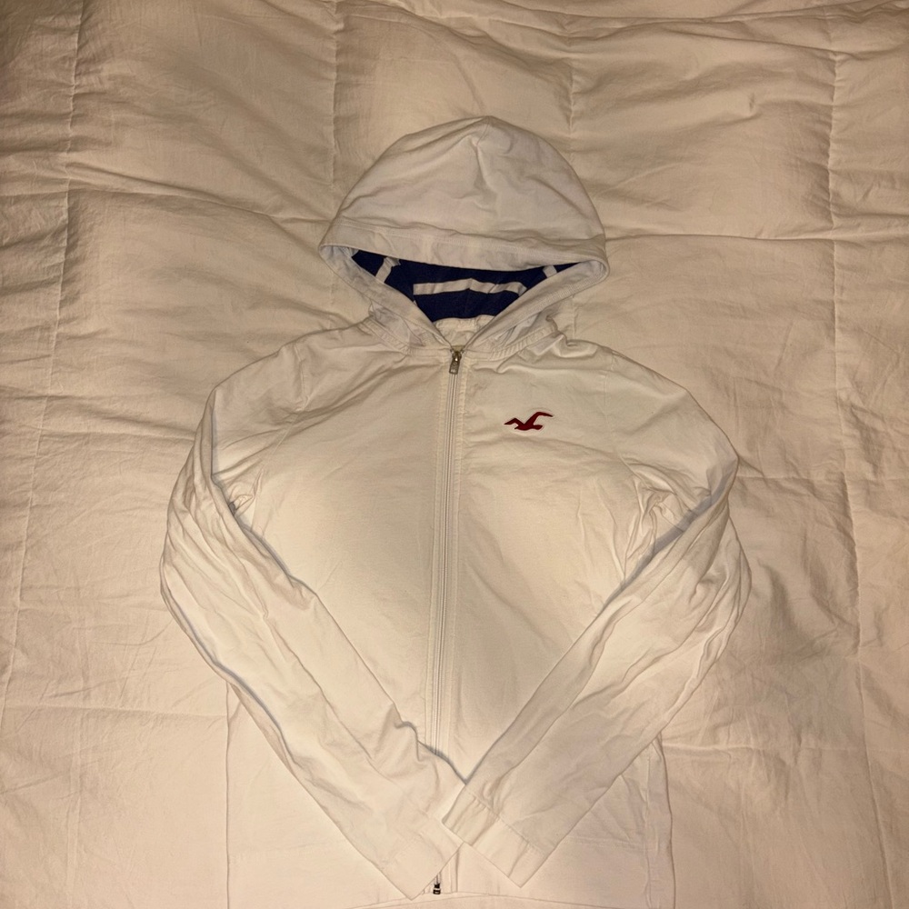 Hollister White Zip-Up Hoodie with Red Logo